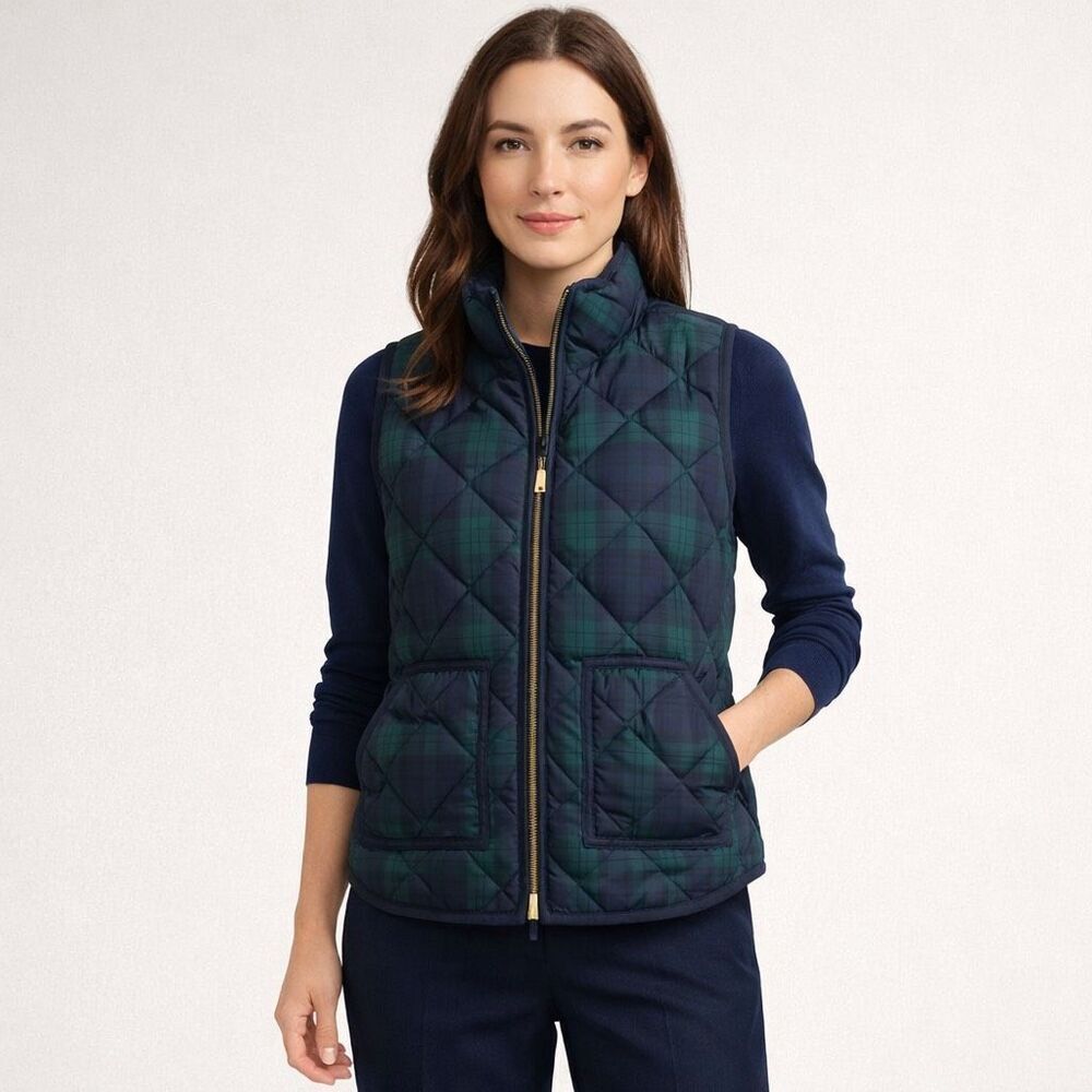 J.Crew Blackwatch Plaid Quilted Down Vest Women’s XS Navy Green